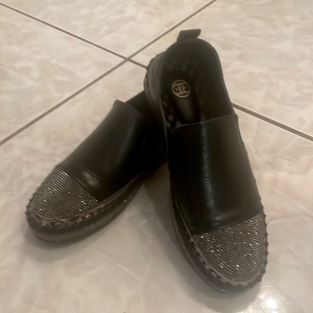 Little Empress Black Bling Toe Leather Shoes